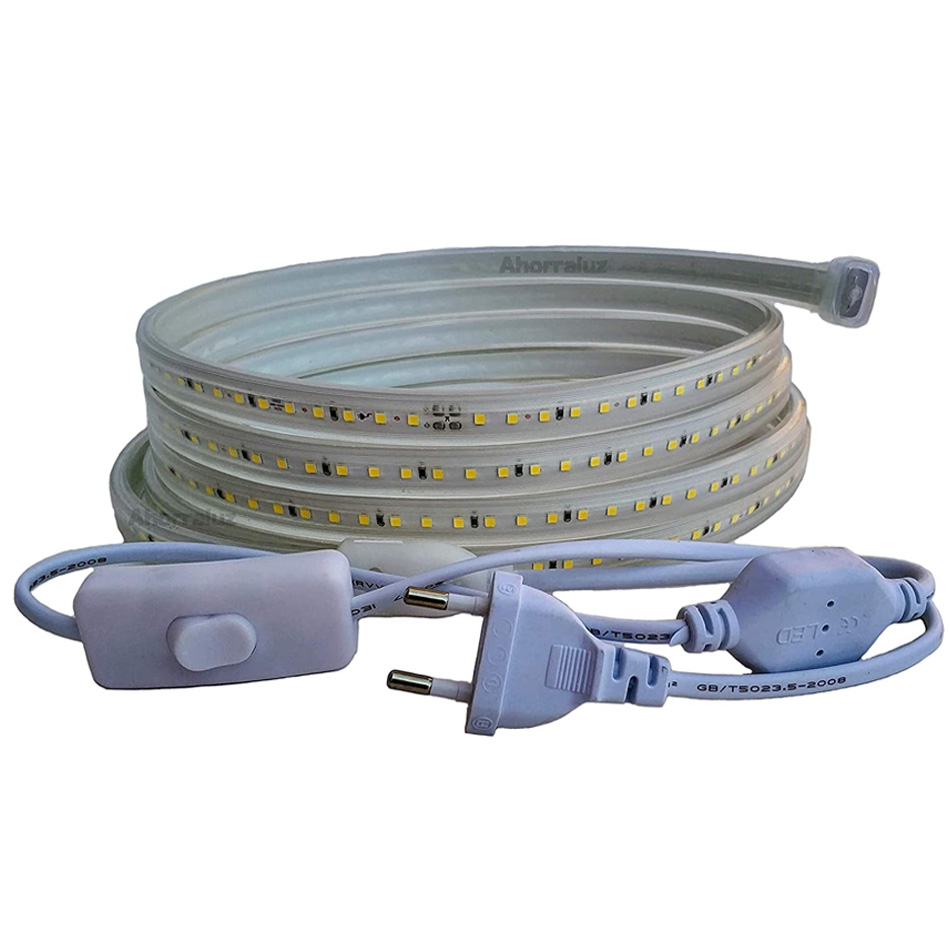 Ahorraluz Tira 220v 2835 120 Led/m ALTA LUMINOSIDAD, con INTERRUPTOR.  IMPERMEABLE Blanco Frío/Neutro/Cálido Waterproof IP67 strip, 1M, 11 W